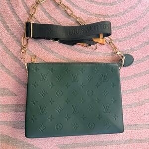 Dark Green Embossed Monogram Crossbody Bag with green Strap